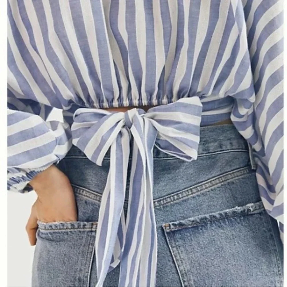 NEW Anthropologie Dolan Striped V-Neck Cropped Puff Sleeve Blouse